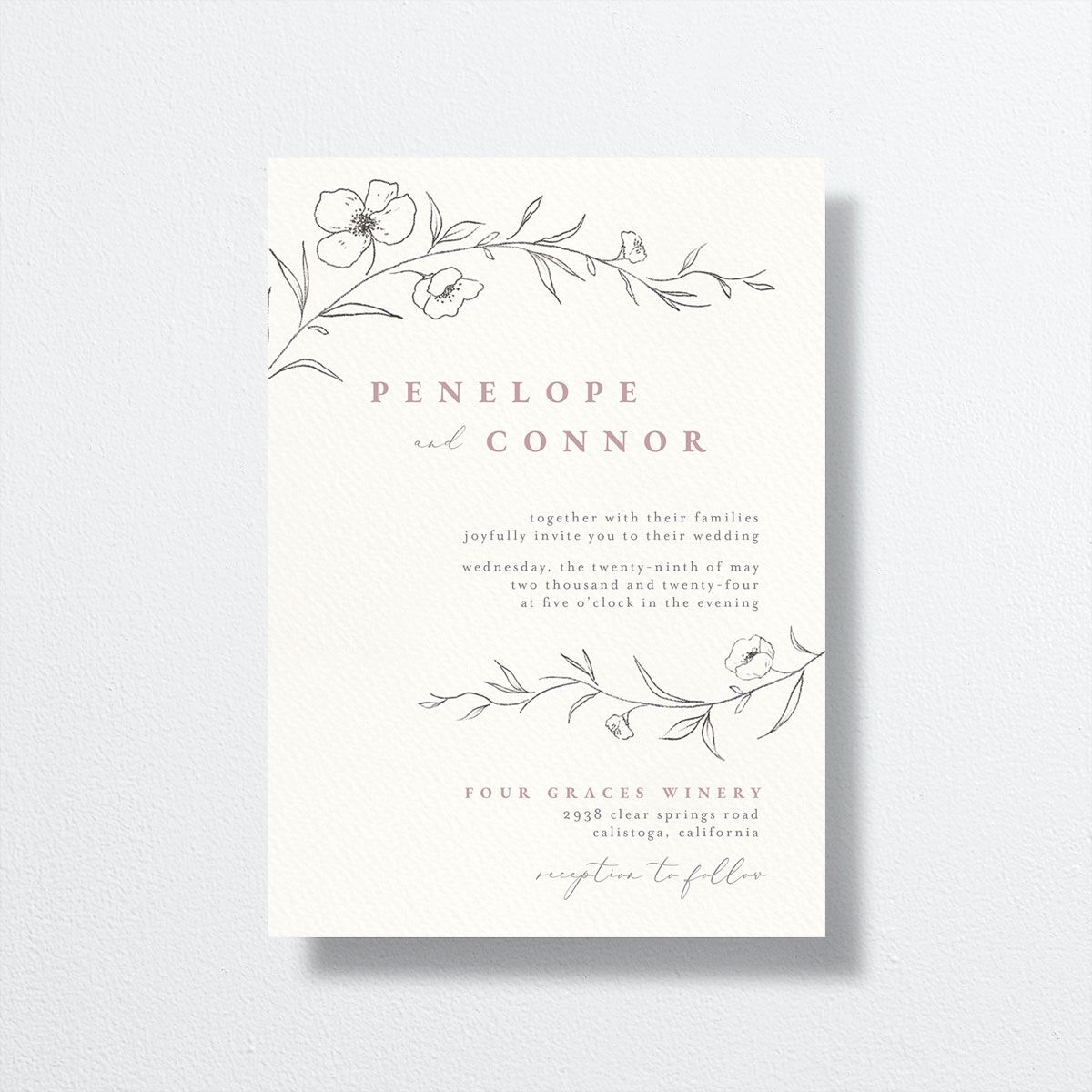 Graceful Botanical Wedding Invitations front in pink