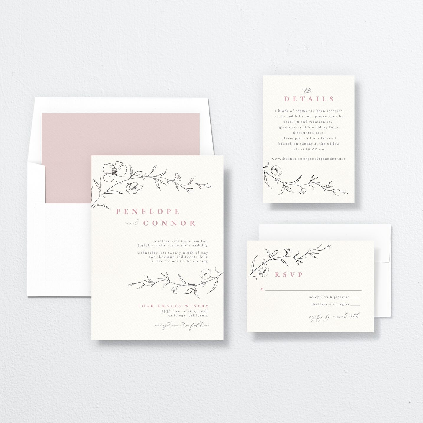 Graceful Botanical Wedding Invitations suite in pink