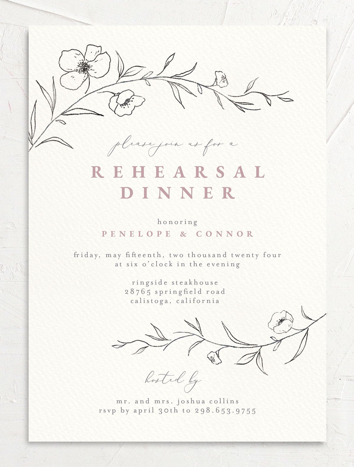 Minimalist Branches Rehearsal Dinner Invitations front
