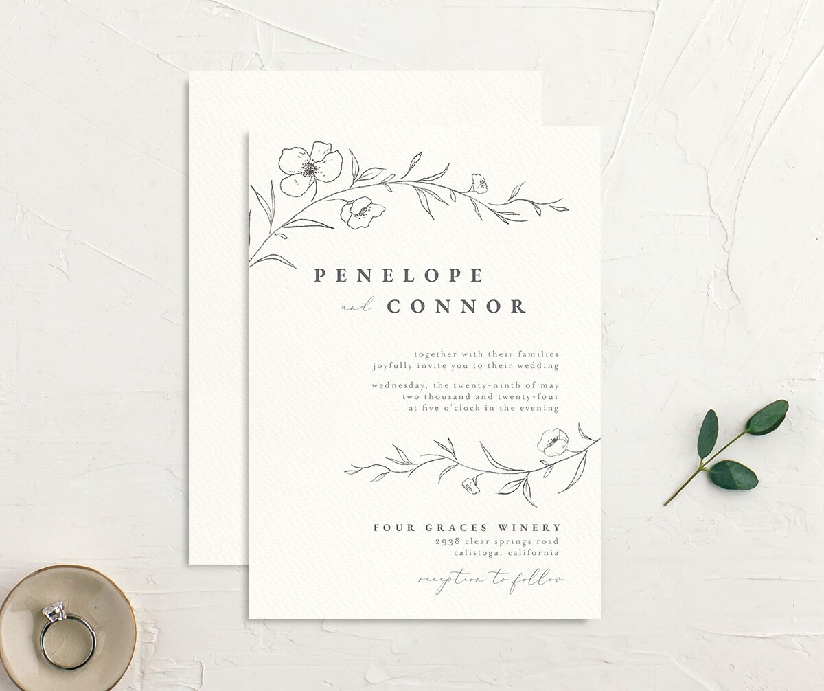 Minimalist Branches Wedding Invitations front-and-back in grey