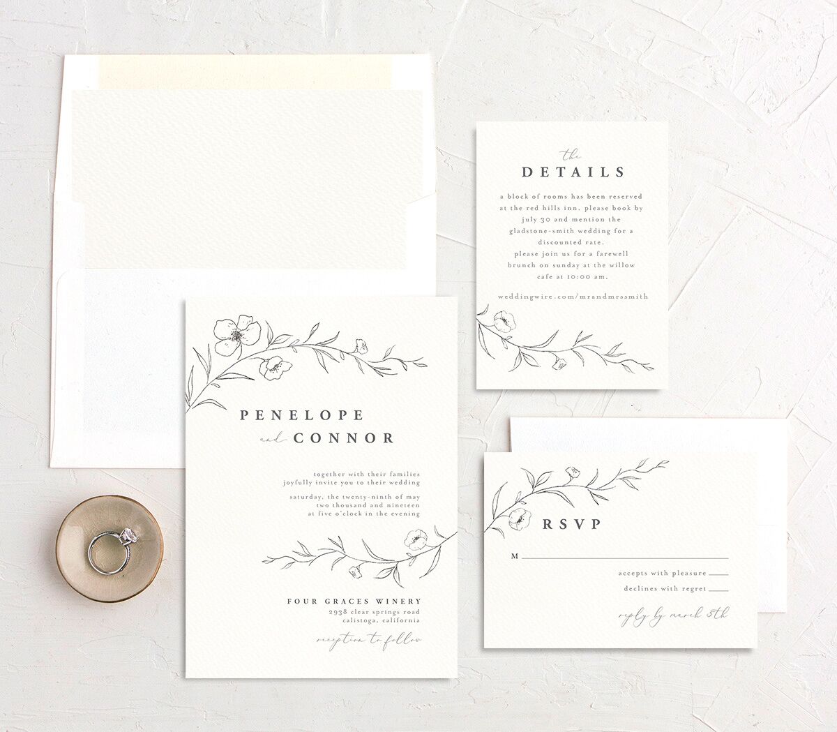 Minimalist Branches Wedding Invitations suite in grey