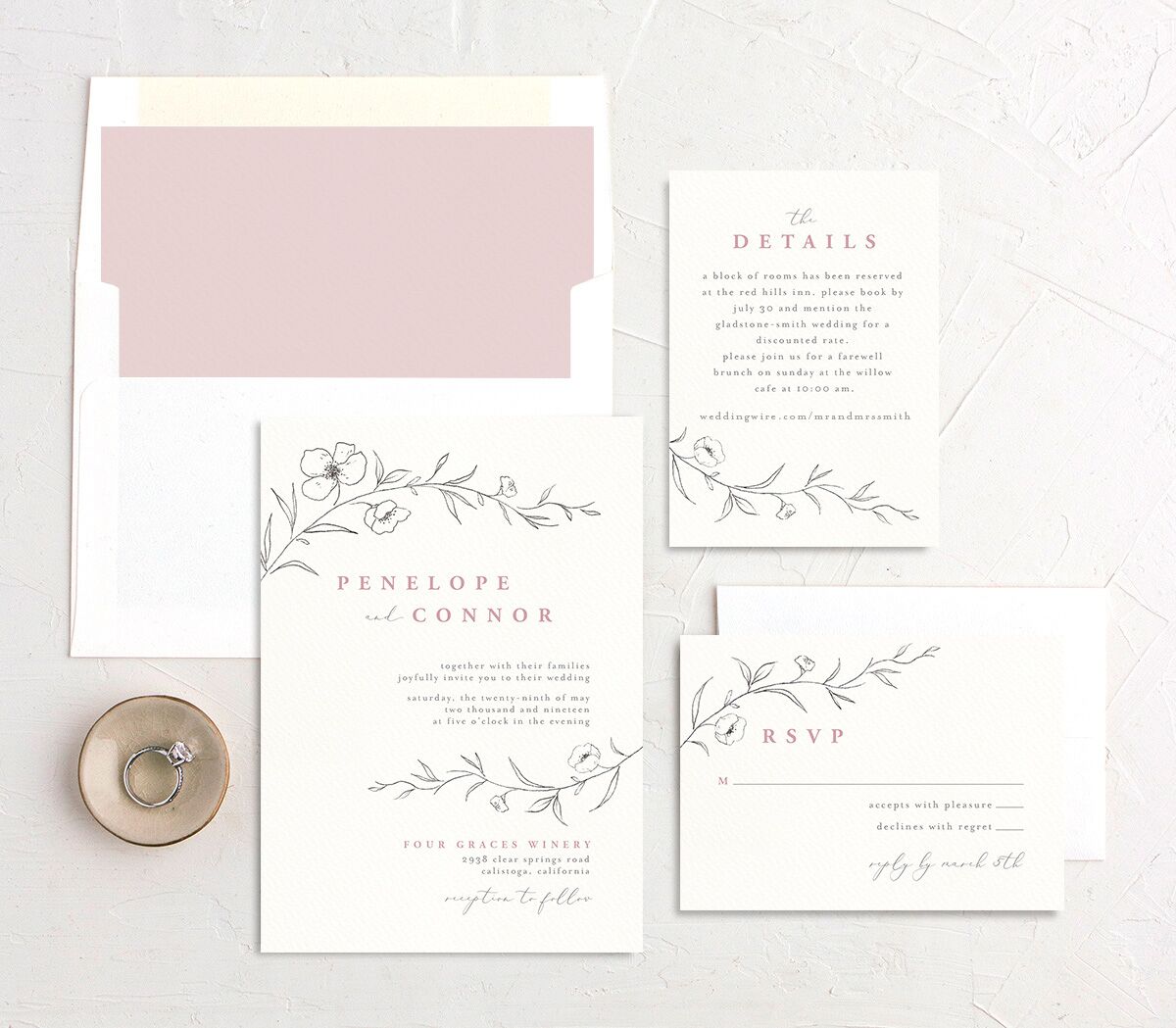 Minimalist Branches Wedding Invitations Rose Pink Signature No