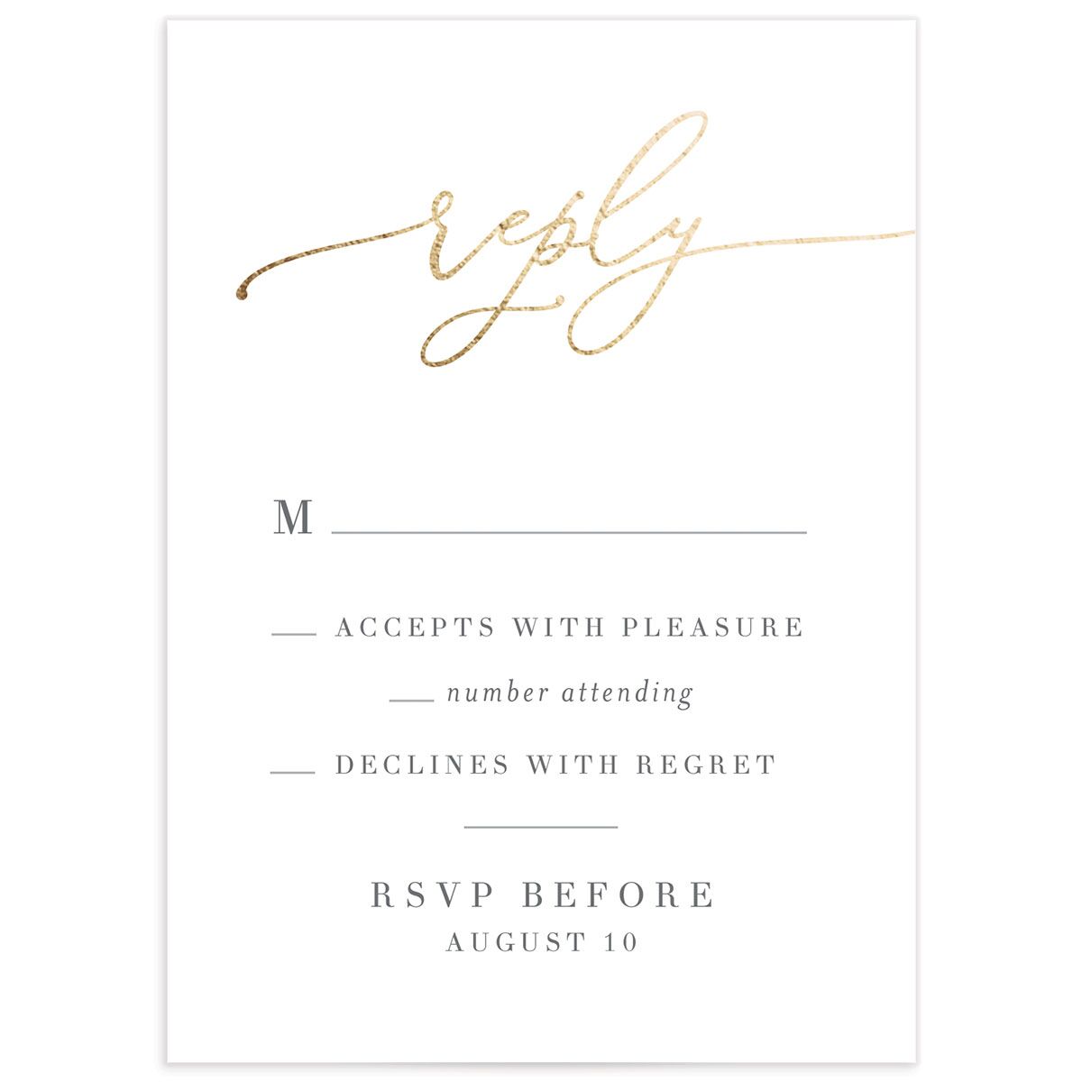 Romantic Calligraphy Foil Wedding Response Cards front in Grey