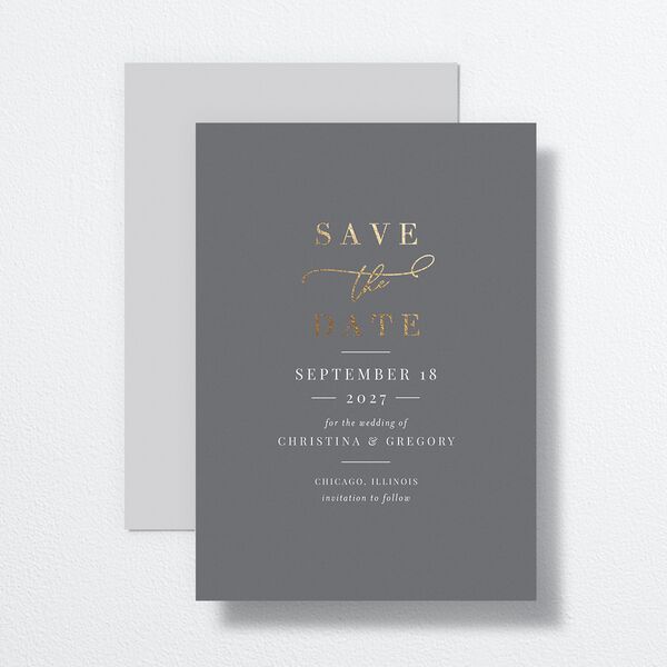 Romantic Calligraphy Foil Save The Date Cards front-and-back in Grey