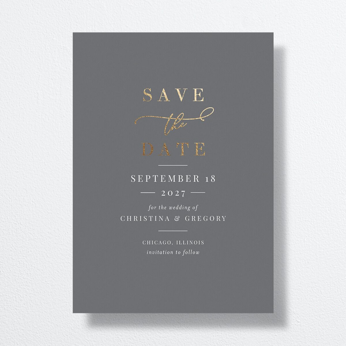 Romantic Calligraphy Foil Save The Date Cards front in Grey