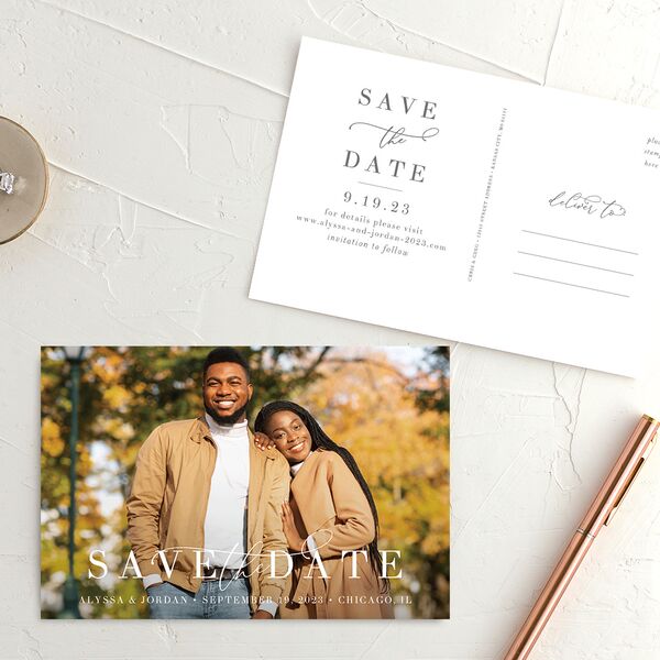 Romantically Scripted Save The Date Postcards Silver