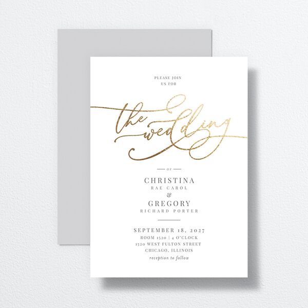 Romantic Calligraphy Foil Wedding Invitations front-and-back in Grey