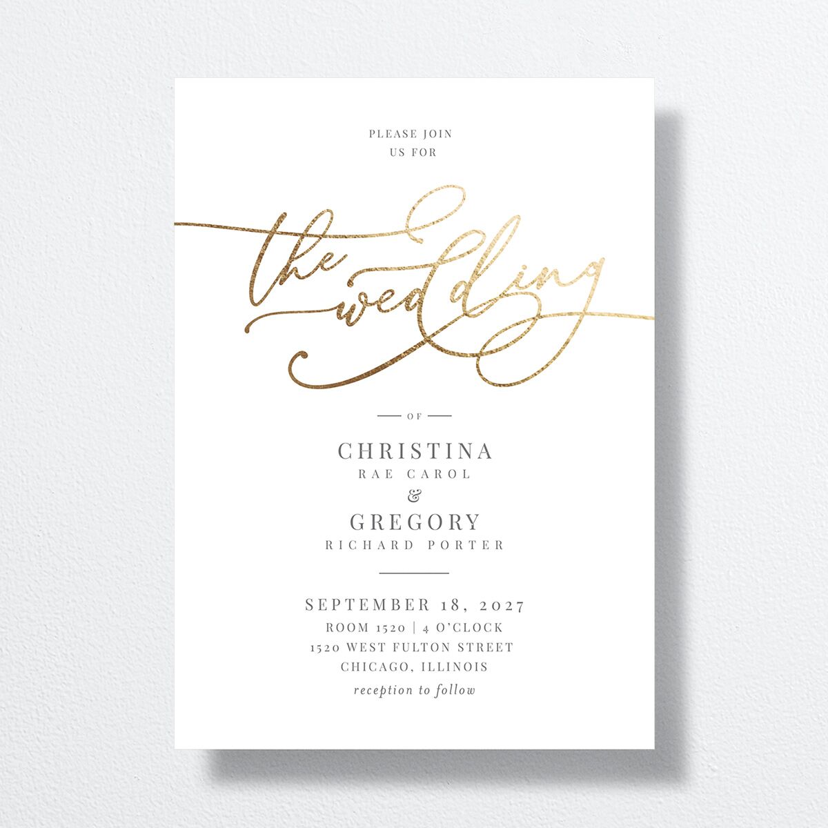 Romantic Calligraphy Foil Wedding Invitations front in Grey