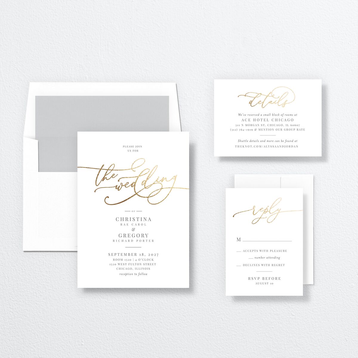 Romantic Calligraphy Foil Wedding Invitations suite in Grey