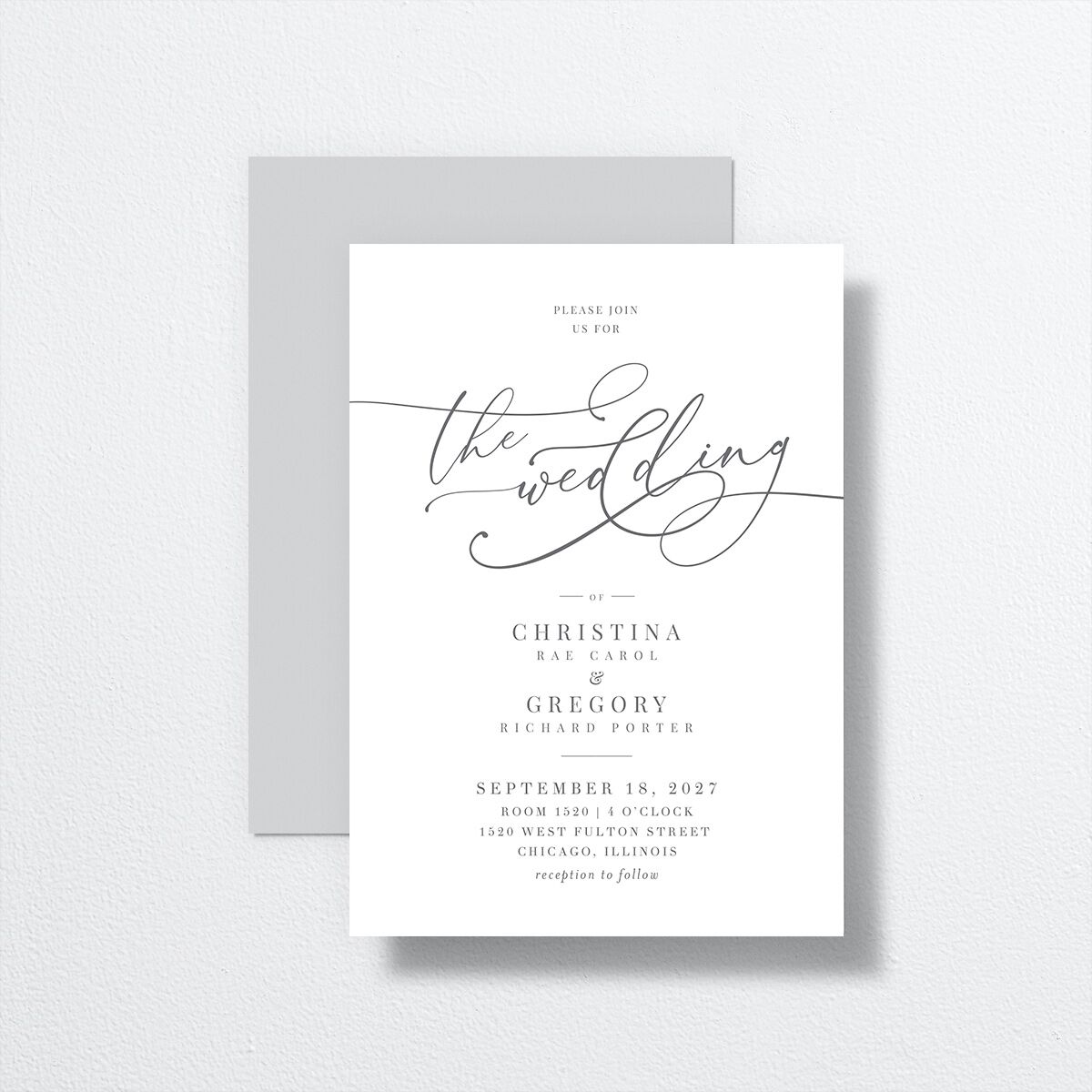 Romantic Calligraphy Wedding Invitations front-and-back in Grey