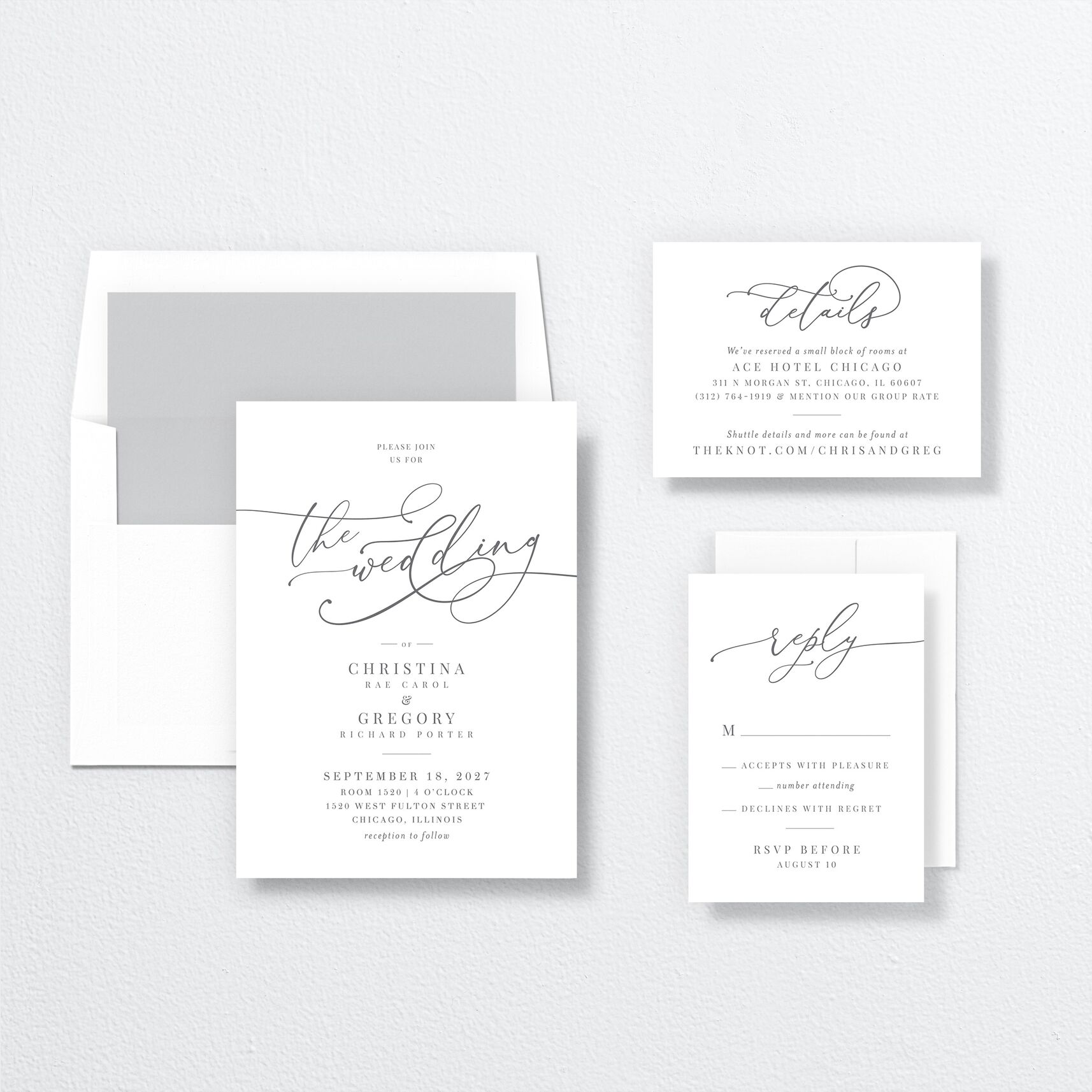 Romantic Calligraphy Wedding Invitations suite in grey