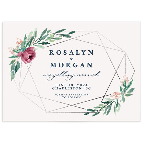 Gilded Botanical Foil Save The Date Cards Silver Moody Blue Signature smooth No