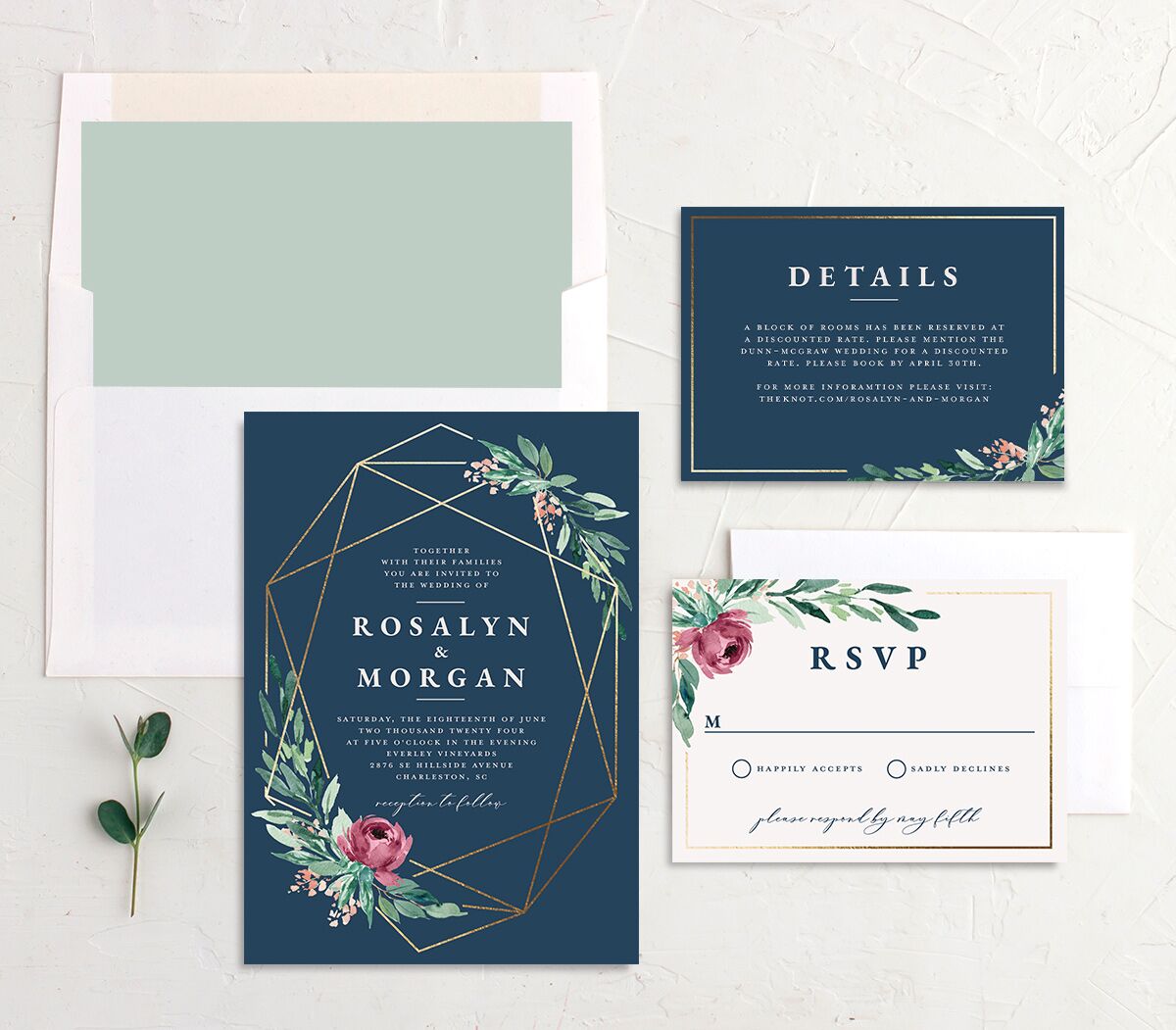 Gilded Botanical Foil Wedding Invitations Gold Moody Blue Signature No