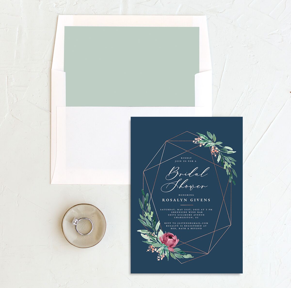 Gilded Botanical Bridal Shower invitations envelope-and-liner in Blue
