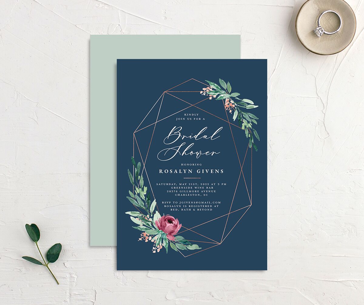 Gilded Botanical Bridal Shower invitations front-and-back in Blue