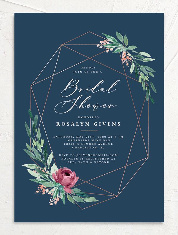 Gilded Botanical Bridal Shower invitations front in Blue