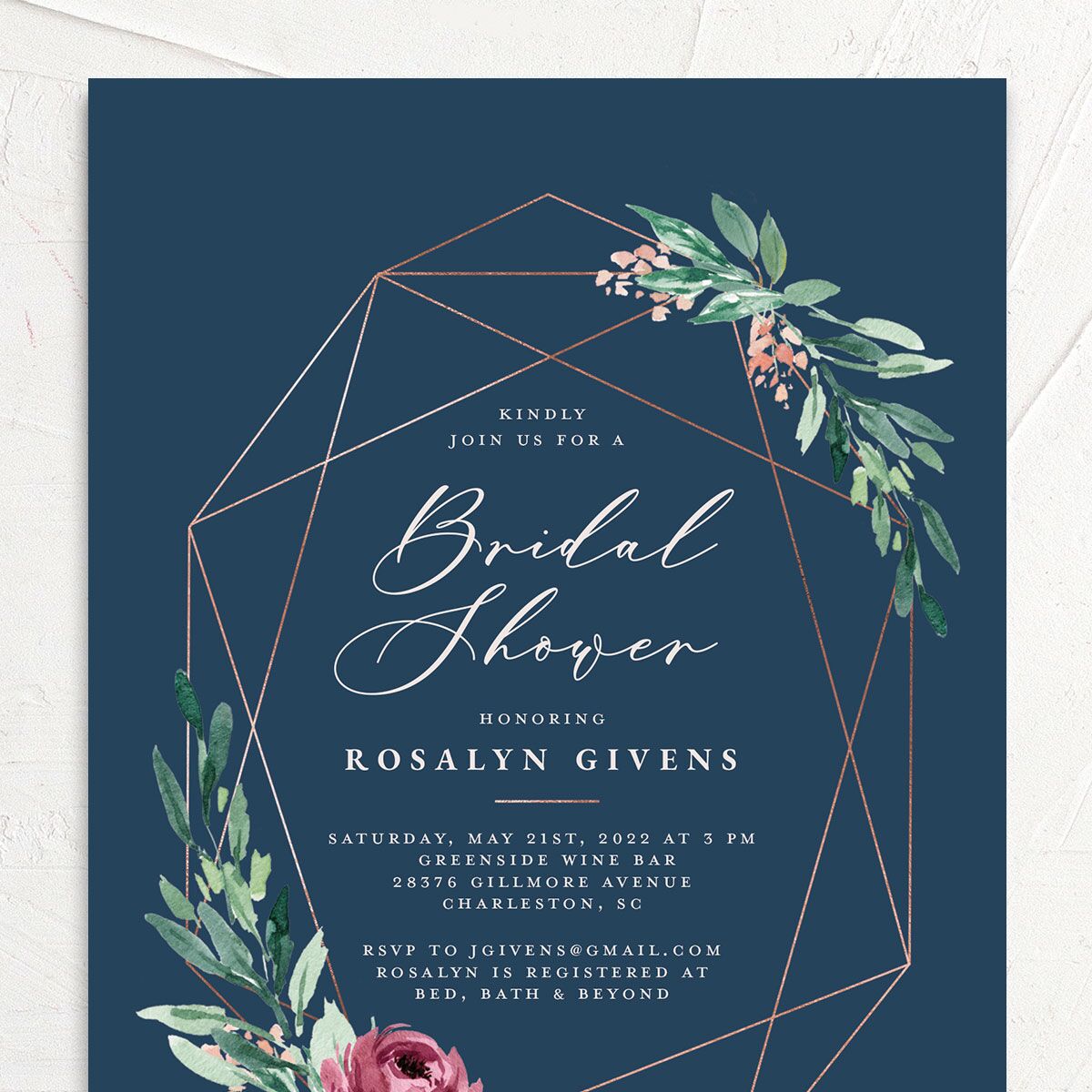 Gilded Botanical Bridal Shower invitations Moody Blue Signature