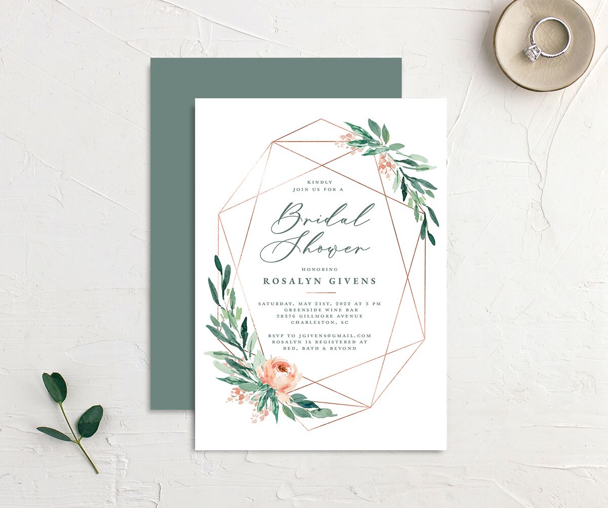 Gilded Botanical Bridal Shower invitations front-and-back in green
