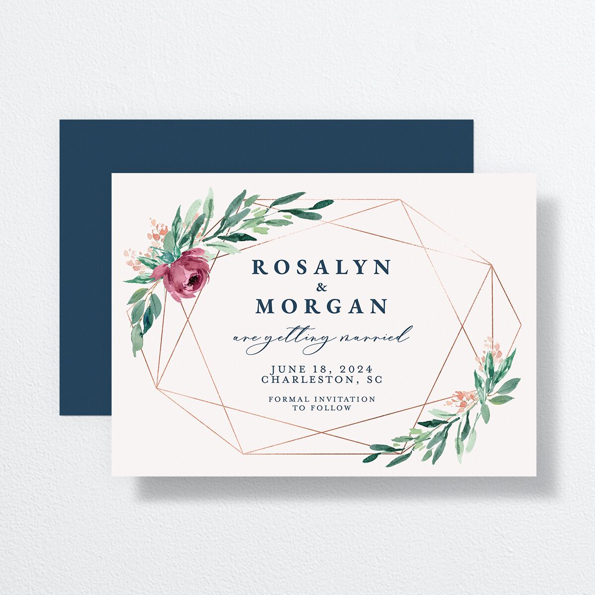 Gilded Botanical Save The Date Cards front-and-back in Blue