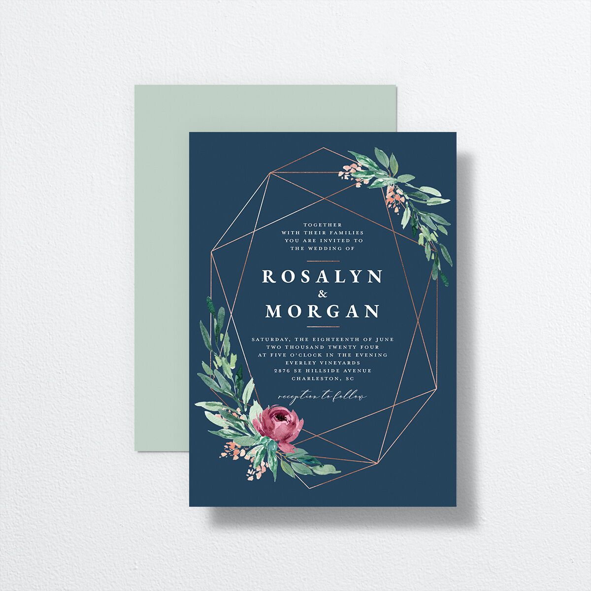 Gilded Botanical Wedding Invitations front-and-back in Blue