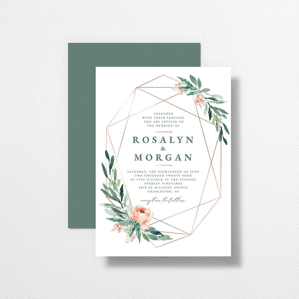 Gilded Botanical Wedding Invitations front-and-back in green