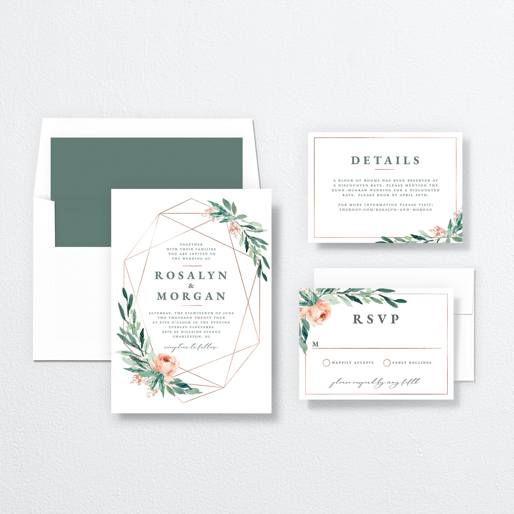 Gilded Botanical Wedding Invitations suite in green