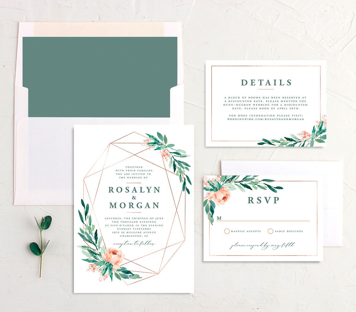 Geometric Floral Wedding Invitations suite in green