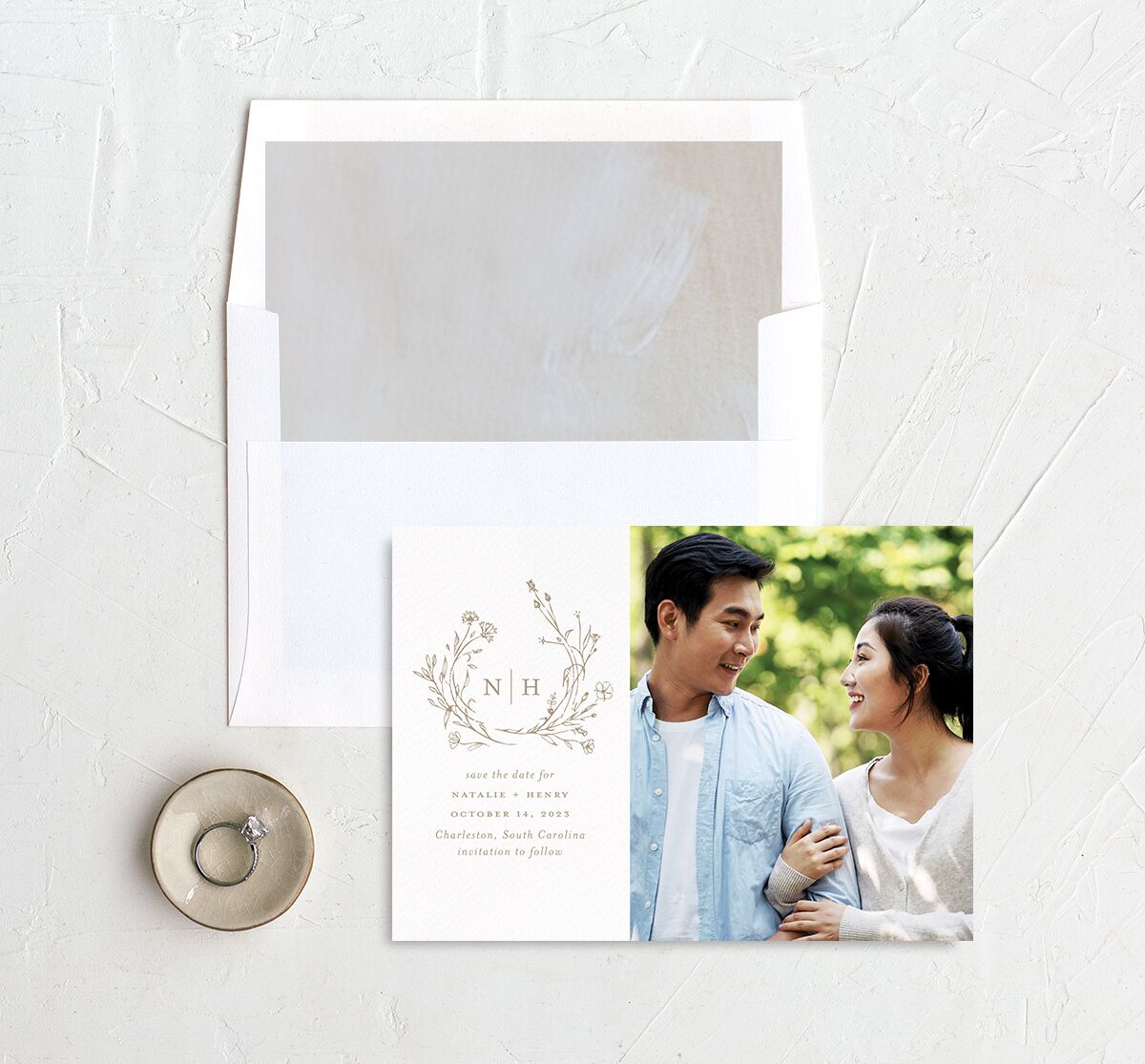 Natural Monogram Save The Date Cards envelope-and-liner