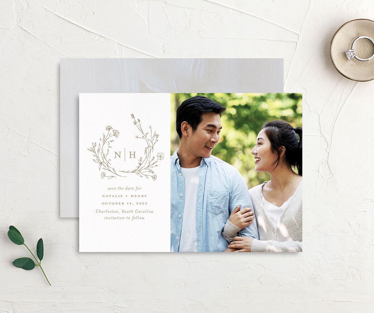 Natural Monogram Save The Date Cards front-and-back in brown