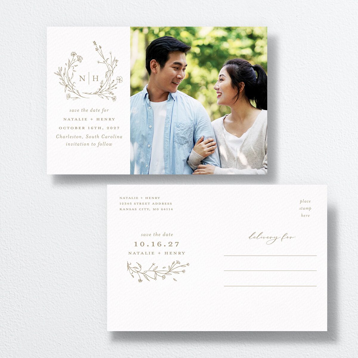 Natural Monogram Save The Date Postcards Fawn