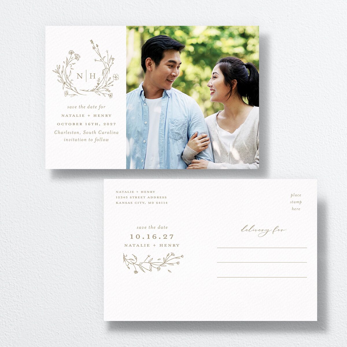 Natural Monogram Save The Date Postcards front-and-back