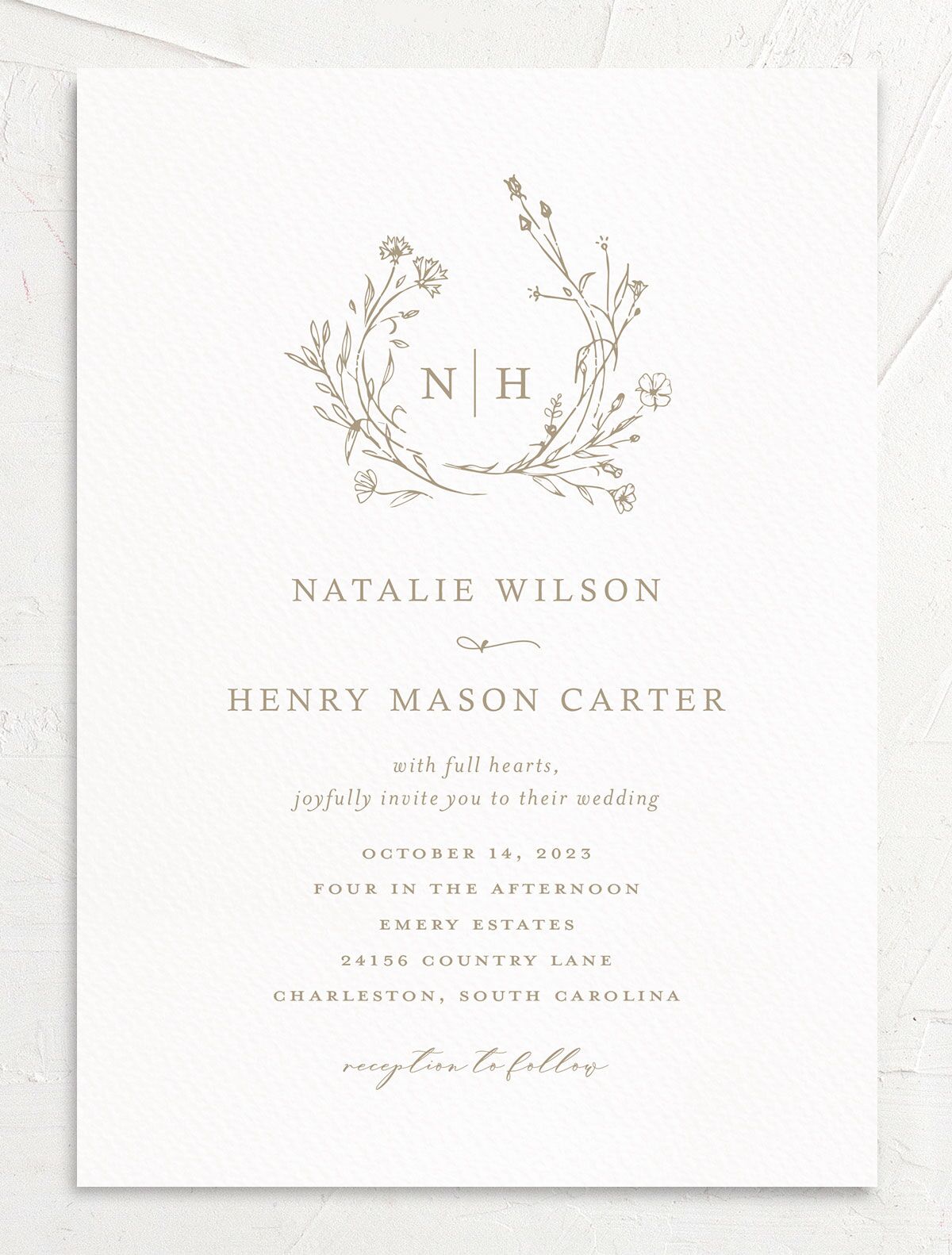 Natural Monogram Wedding Invitations front in brown