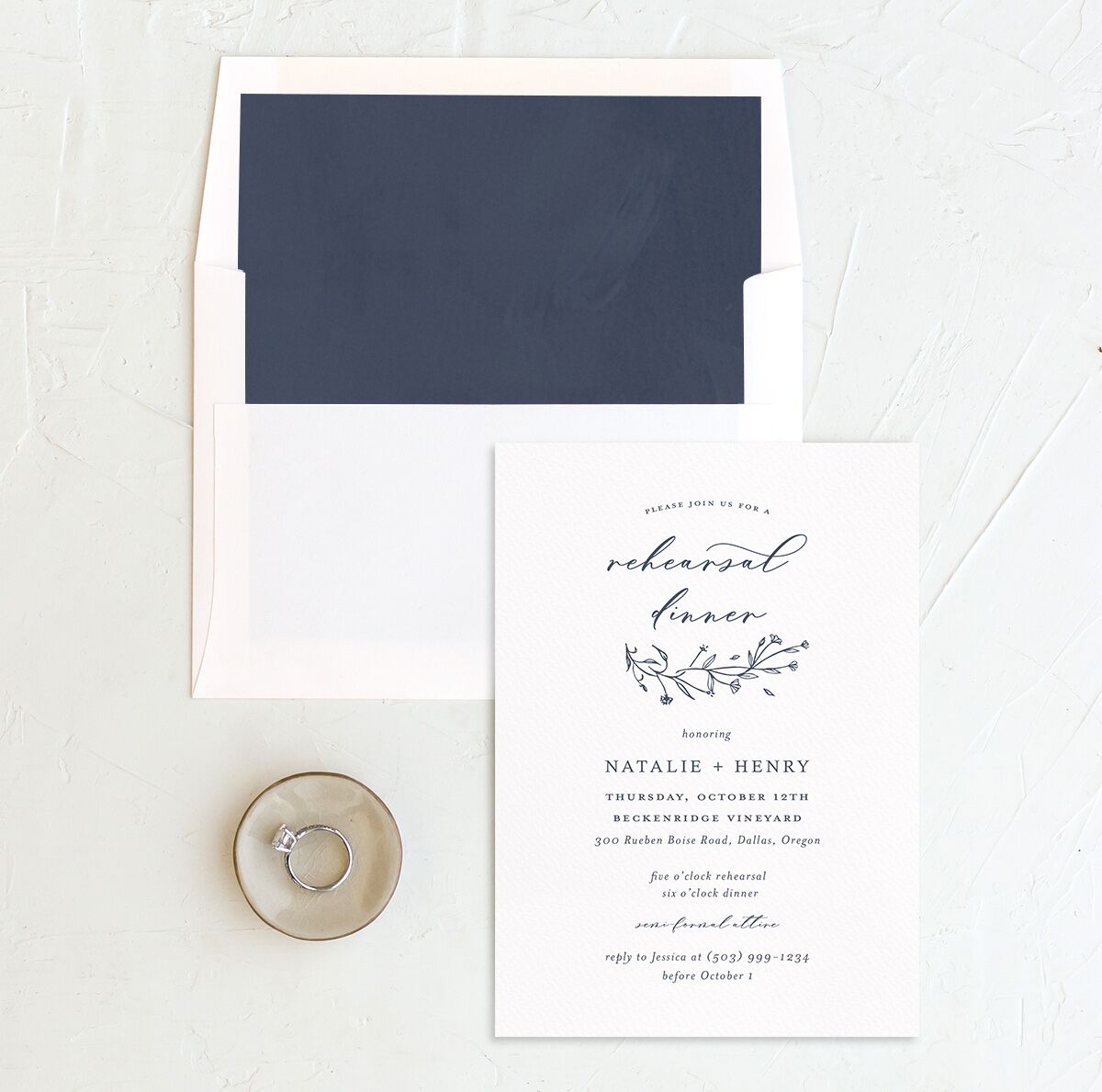 Illustrated Floral Rehearsal Dinner Invitations envelope-and-liner in blue