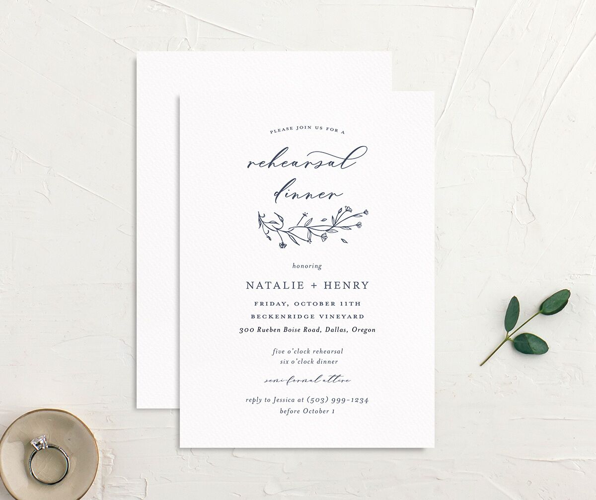Illustrated Floral Rehearsal Dinner Invitations front-and-back in blue