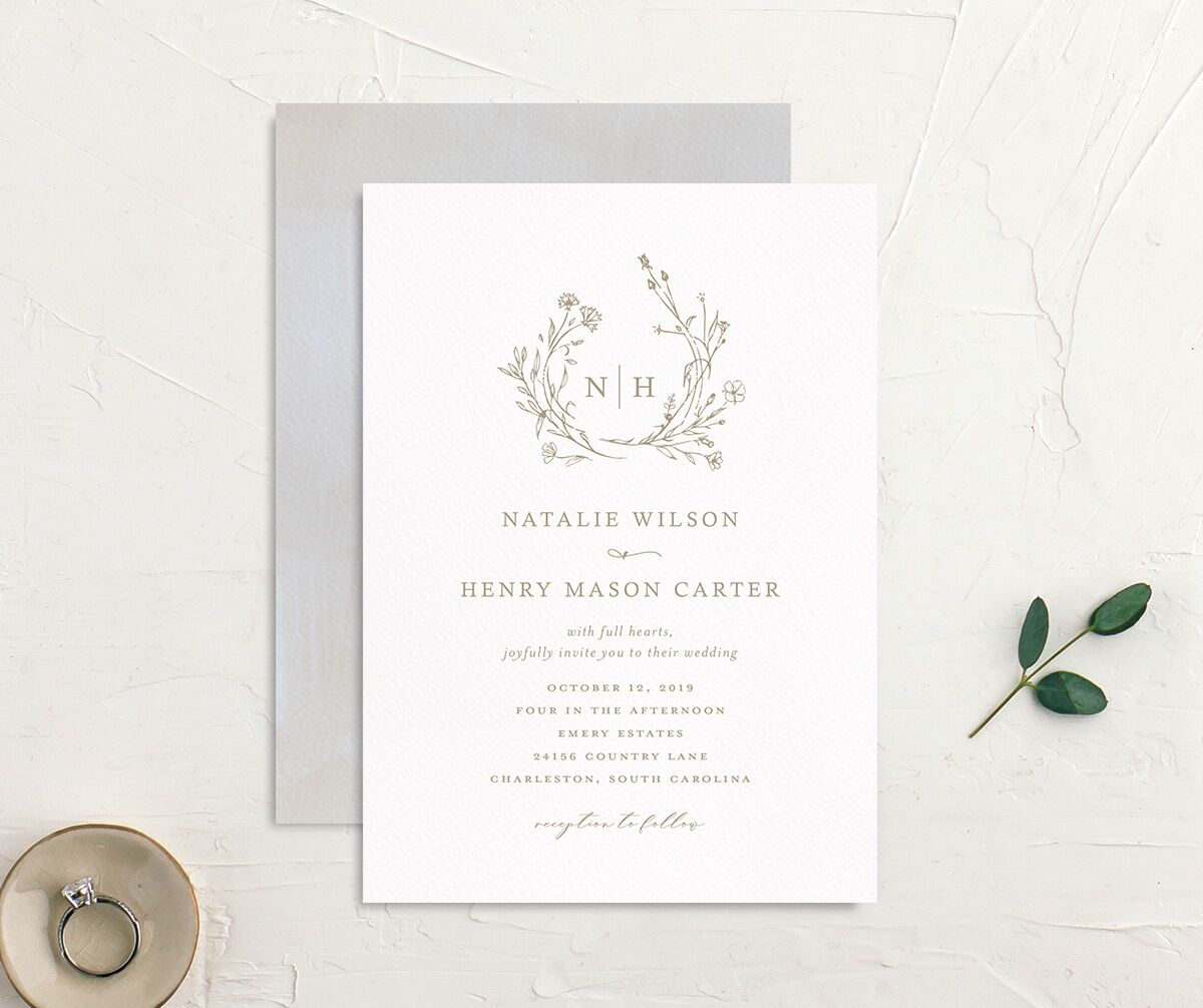 Illustrated Floral Wedding Invitations front-and-back in brown