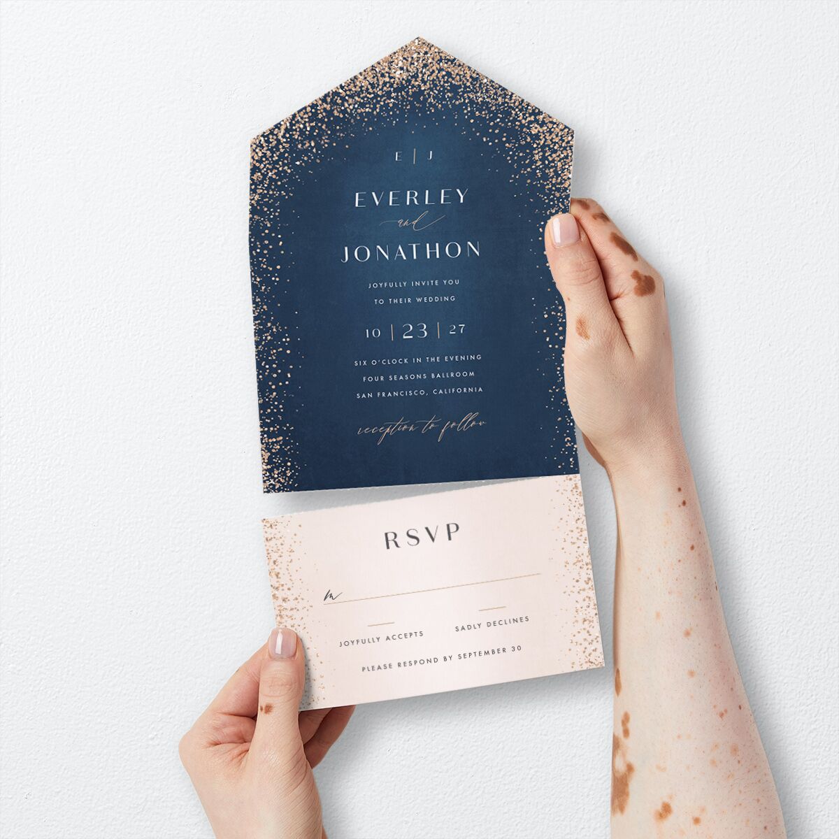 Sparkling Romance All-in-One Wedding Invitations Moody Blue Signature Light Both Recipient and Return Addresses No