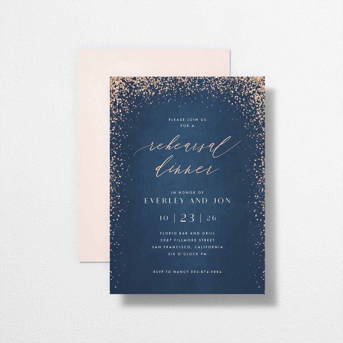 Sparkling Romance Rehearsal Dinner Invitations front-and-back in blue