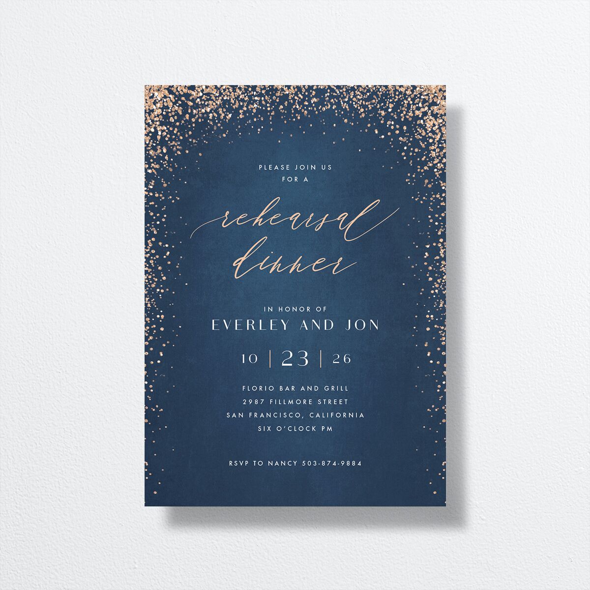 Sparkling Romance Rehearsal Dinner Invitations front in blue