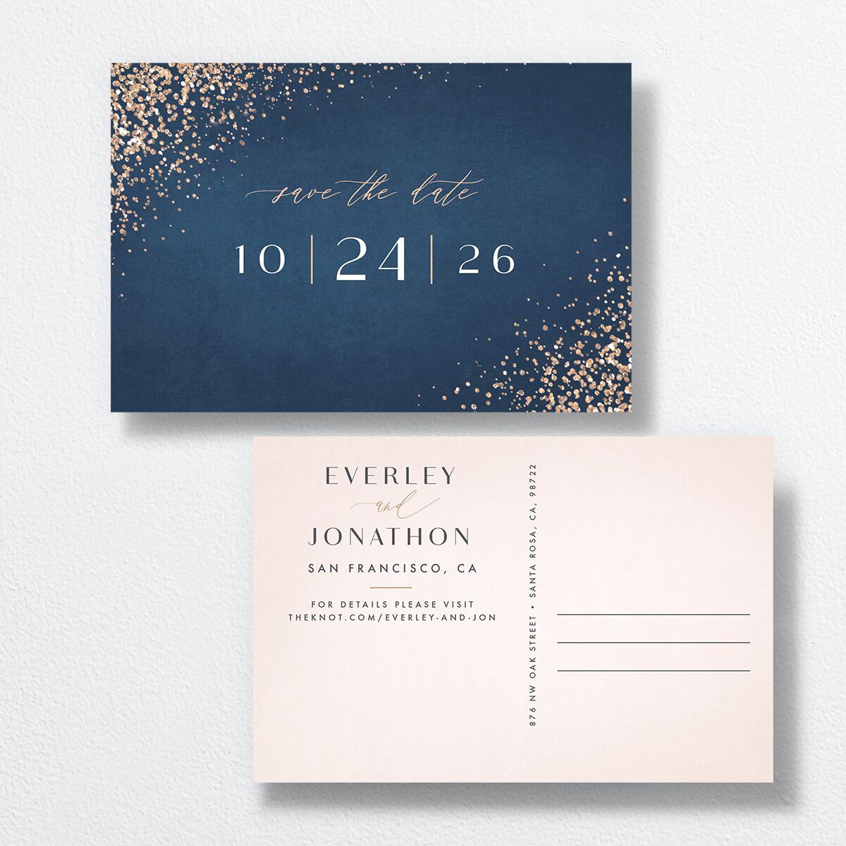 Sparkling Romance Save The Date Postcards front-and-back in blue