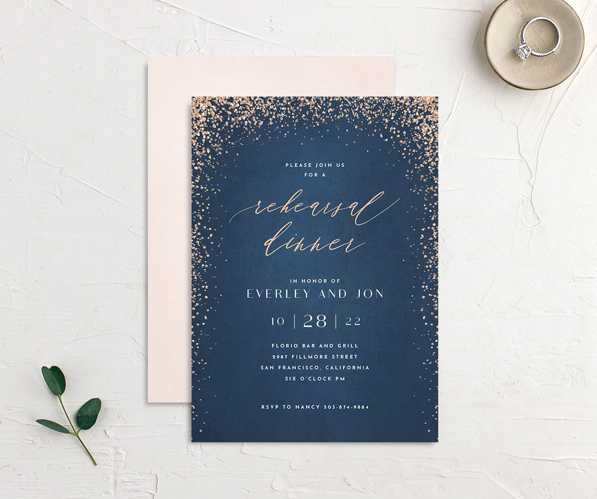 Elegant Glamour Rehearsal Dinner Invitations front-and-back in blue