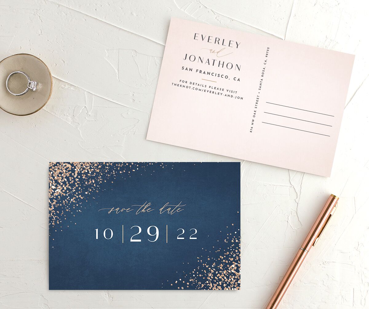 Elegant Glamour Save the Date Postcards front-and-back in blue