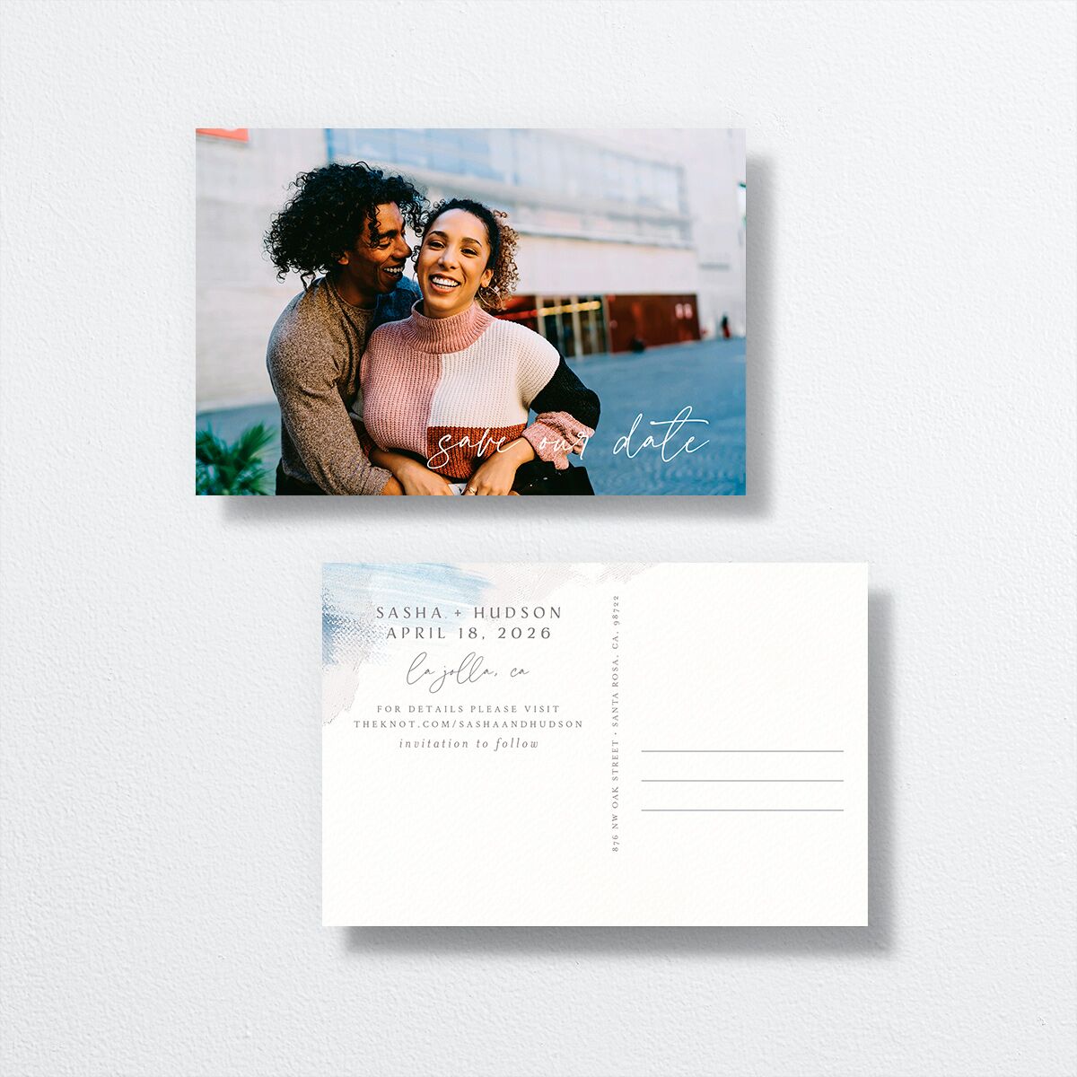 Minimal Brush Save The Date Postcards front-and-back in blue