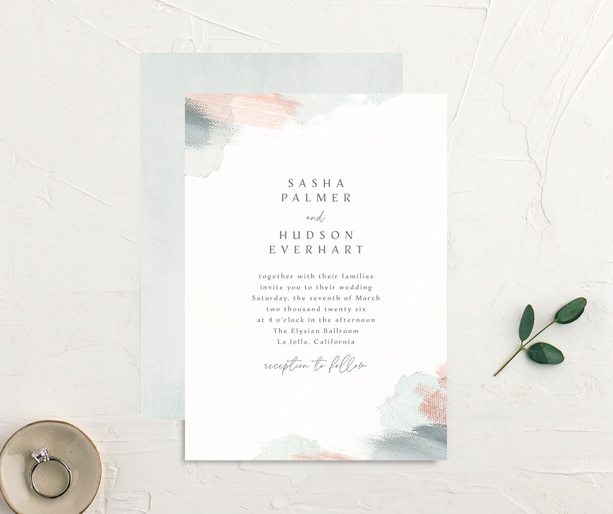 Painted Brushstroke Wedding Invitations front-and-back in green