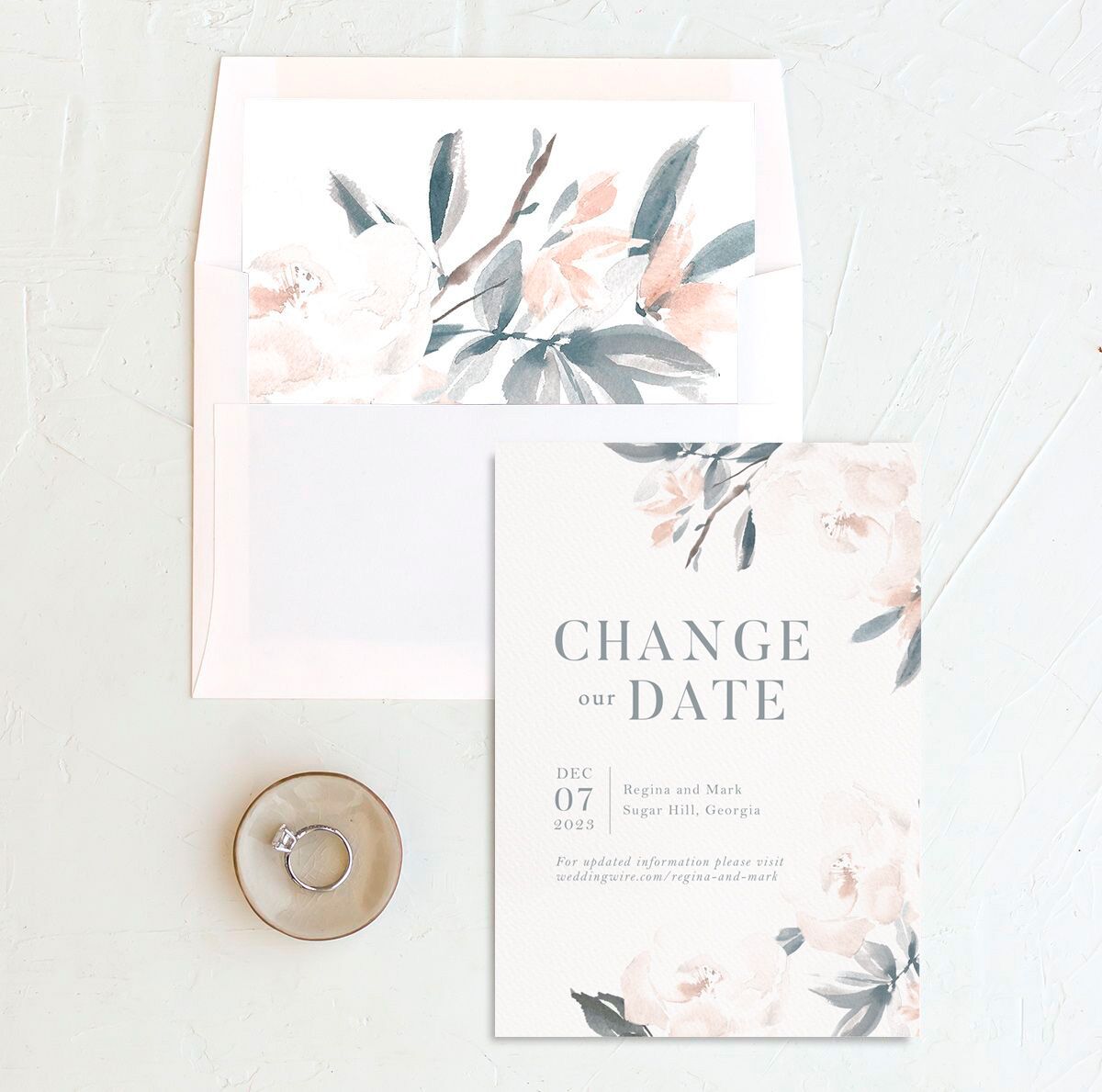 Floral Elegance Change the Date Cards envelope-and-liner in blue