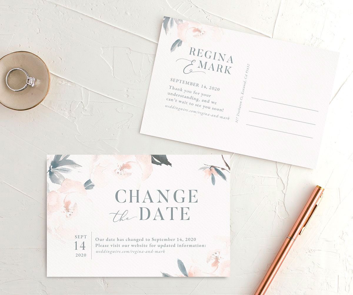 Floral Elegance Change the Date Postcards front-and-back in blue