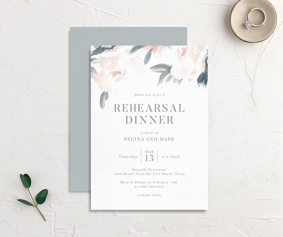 Floral Elegance Rehearsal Dinner Invites front-and-back in blue