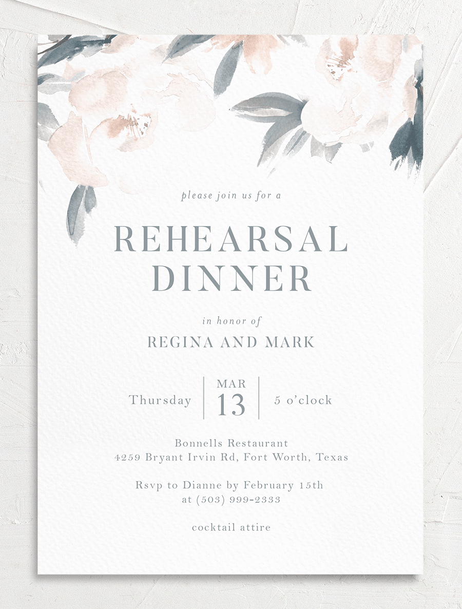 Floral Elegance Rehearsal Dinner Invites front in blue