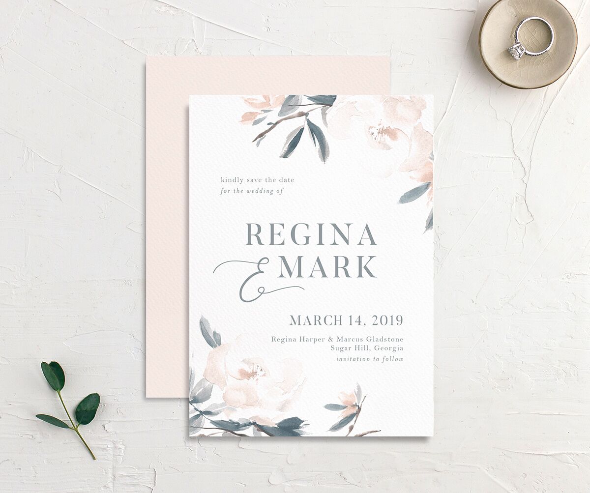 Floral Elegance Save the Date Cards front-and-back in blue