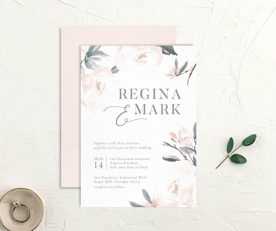 Floral Elegance Wedding Invitations front-and-back in blue