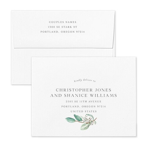 Lush Greenery Save the Date Petite Card Envelopes Silver Shimmer Standard Eucalyptus Both Recipient and Return Addresses Signature